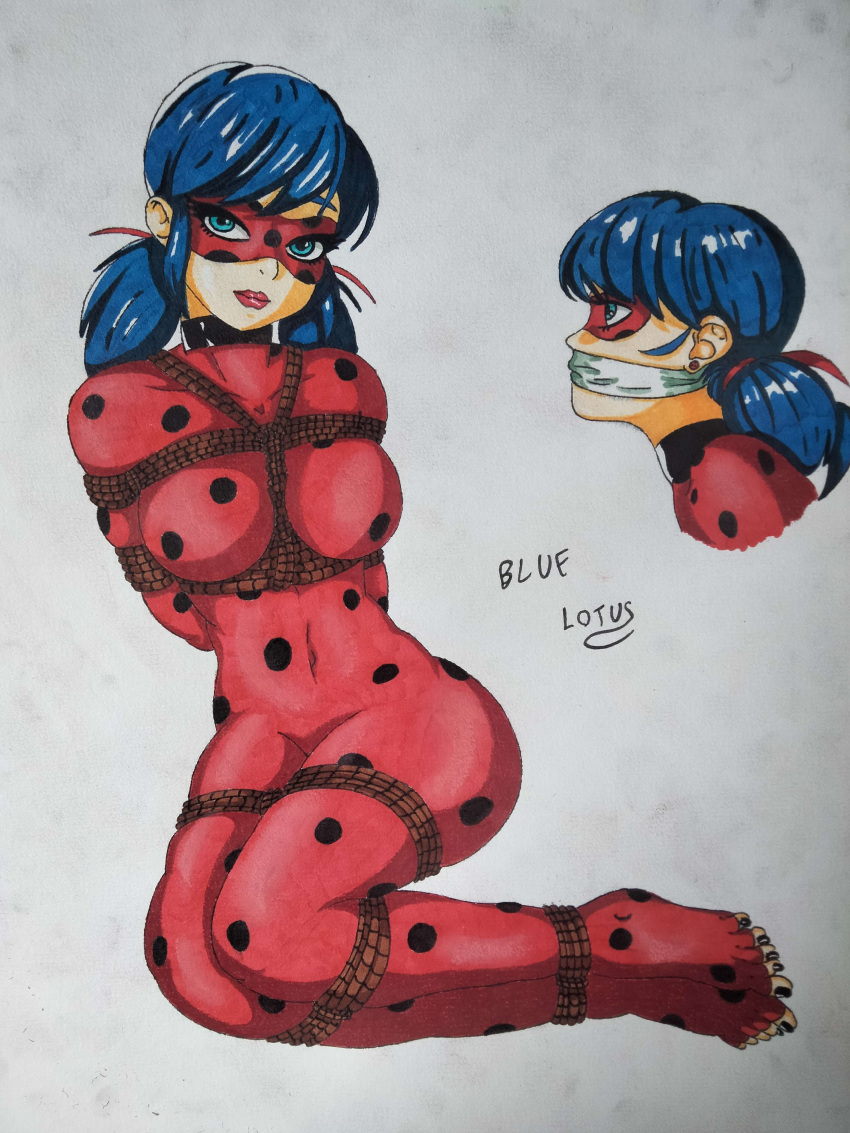 absurdres bdsm blue-lotus blue_hair bondage bound bug feet gagged highres ladybug masked miraculous_ladybug non-web_source suit