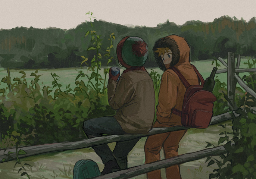 2boys backpack bag blonde_hair blue_eyes bottle brown_jacket can chun_baii covered_mouth fence fur-trimmed_jacket fur_trim gloves hand_in_pocket hat highres holding holding_can hood hood_up jacket kenny_mccormick long_sleeves male_focus multiple_boys orange_jacket outdoors pants plant pom_pom_(clothes) red_gloves shoes sitting south_park spiked_hair stan_marsh