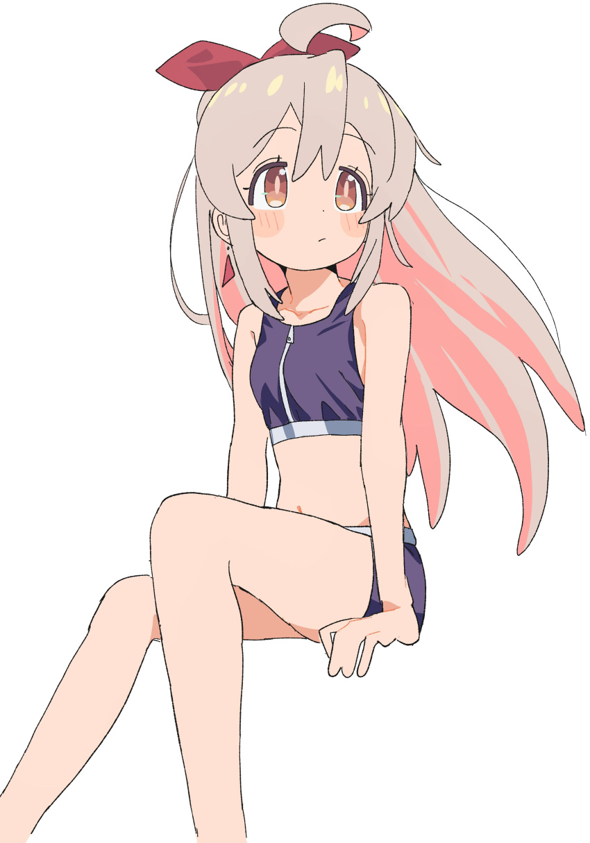 1girl :/ absurdres ahoge bare_arms bare_legs bare_shoulders bikini blush breasts brown_eyes commentary dot_nose earrings feet_out_of_frame grey_hair hair_between_eyes hair_ribbon highres jewelry kosuda long_hair looking_to_the_side midriff multicolored_hair onii-chan_wa_oshimai! oyama_mahiro pink_hair pink_ribbon purple_bikini ribbon simple_background sitting small_breasts solo swimsuit triangle_earrings two-tone_hair white_background zipper_pull_tab