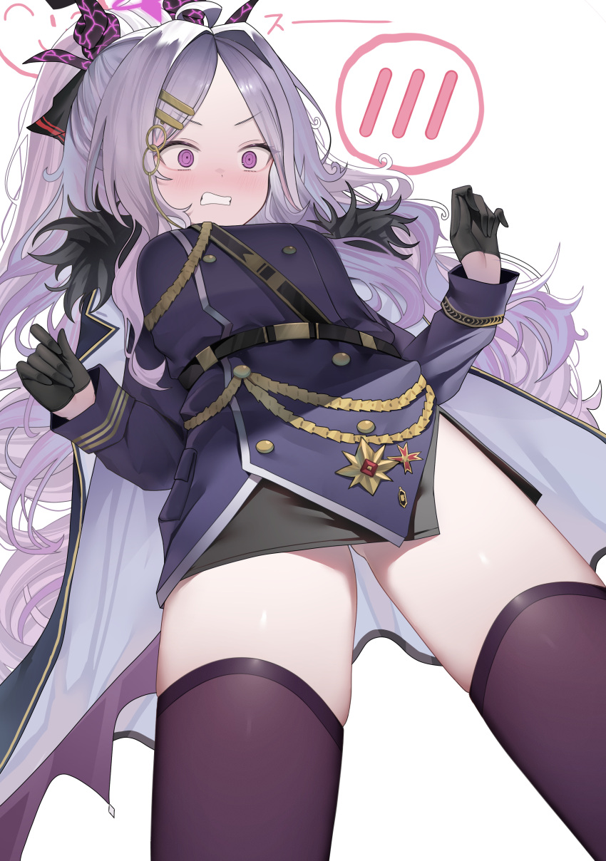 1girl absurdres aiguillette black_coat black_gloves black_horns black_thighhighs blue_archive blush breasts clenched_teeth coat demon_horns fur-trimmed_coat fur_trim gloves grey_hair highres hina_(blue_archive) horns koba_(kobako42) long_hair long_sleeves military_uniform multiple_horns purple_eyes simple_background small_breasts solo teeth thighhighs uniform white_background