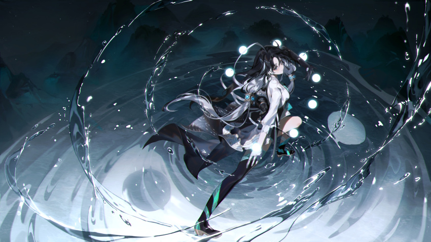 1girl absurdres ahoge arm_belt asymmetrical_dress asymmetrical_gloves black_hair dyed_ahoge earrings elbow_gloves feet_up gloves highres jewelry jianxin_(wuthering_waves) long_sleeves shorts shorts_under_skirt single_elbow_glove water wuthering_waves yi_ke_da_cui_tao_tao yin_yang yin_yang_earrings