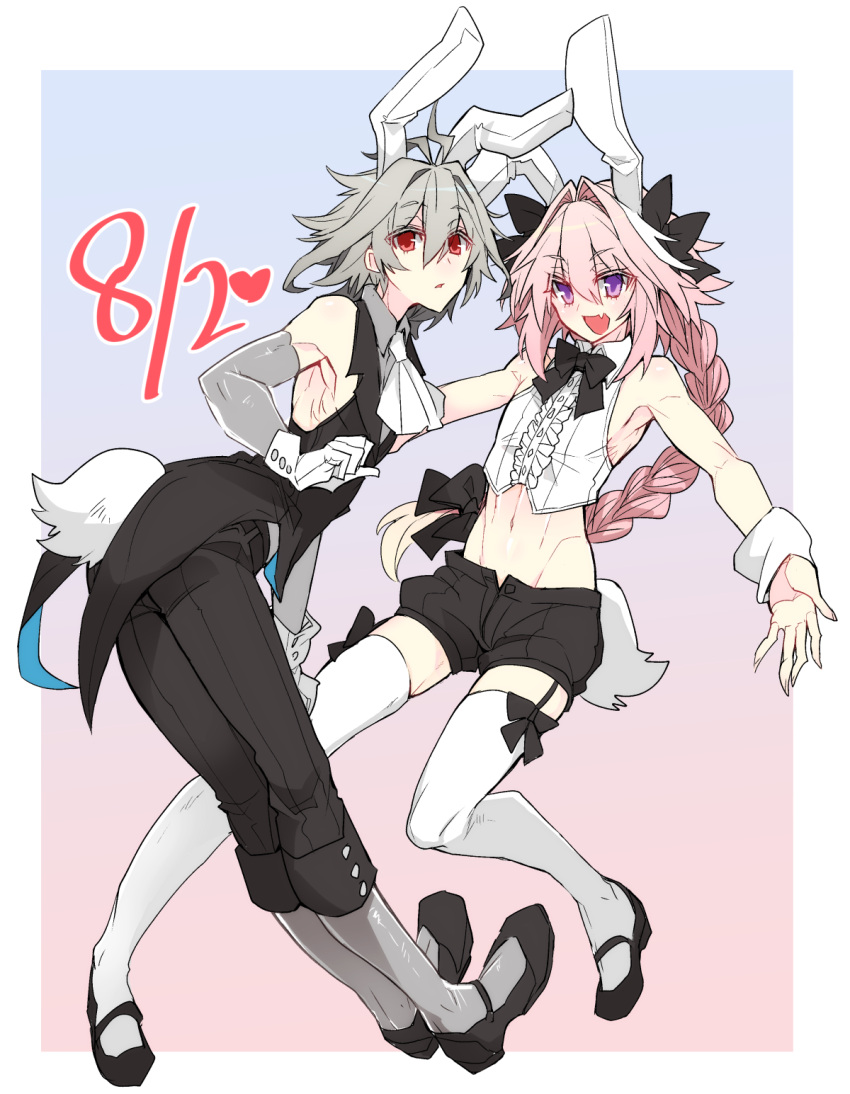 2boys animal_ears antenna_hair ascot astolfo_(fate) black_bow black_bowtie black_footwear black_garter_straps black_pants black_socks bow bow_legwear bowtie braid bunny_day crop_top crossdressing detached_sleeves fake_animal_ears fake_tail fang fate/apocrypha fate/grand_order fate_(series) garter_straps gloves gradient_background grey_hair grey_sleeves hair_between_eyes hair_bow hair_intakes haoro heart highres lapels long_braid long_hair male_focus mary_janes midriff multicolored_hair multiple_boys notched_lapels open_mouth otoko_no_ko pants parted_lips pink_hair purple_eyes rabbit_ears rabbit_tail red_eyes shirt shoes short_hair short_shorts shorts sieg_(fate) single_braid skin_fang sleeveless sleeveless_shirt smile socks streaked_hair tail thighhighs two-tone_hair white_ascot white_gloves white_hair white_shirt white_tail white_thighhighs white_wrist_cuffs wrist_cuffs