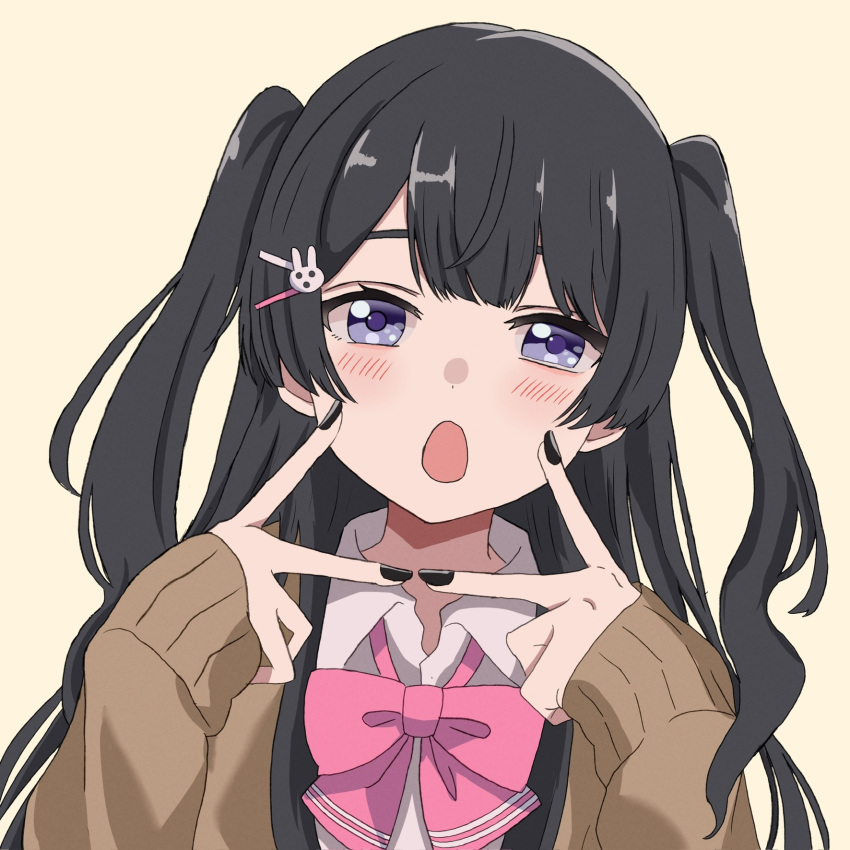 1girl :o black_hair black_nails blue_eyes blush bow bowtie brown_cardigan cardigan collared_shirt dot_nose double_v gyaru hands_up head_tilt highres kinomiki long_hair long_sleeves looking_at_viewer nail_polish nijisanji open_cardigan open_clothes open_mouth pink_bow pink_bowtie portrait shirt sidelocks simple_background solo textless_version tsukino_mito two_side_up v v_over_mouth virtual_youtuber white_shirt yellow_background