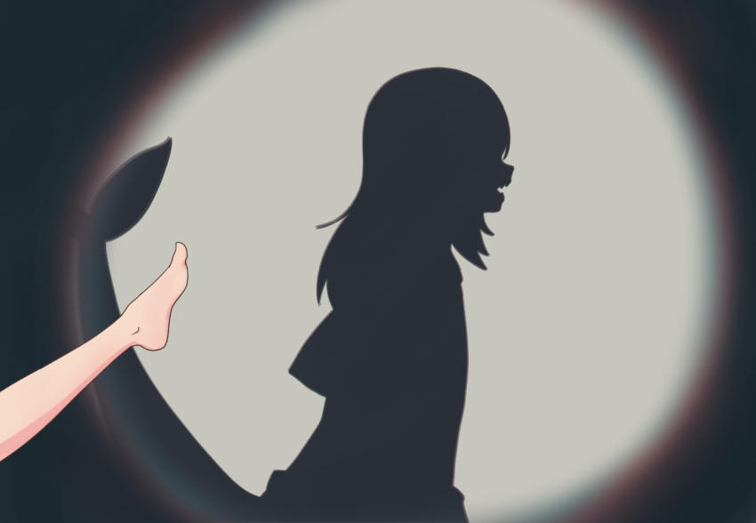 1girl barefoot different_shadow feet fins fish_tail gawr_gura hololive hololive_english hololive_shadow_puppet_(meme) long_hair meme open_mouth profile shadow shark_girl shark_tail sharp_teeth smile solo_focus spotlight tail tail_raised teeth toes torororose virtual_youtuber