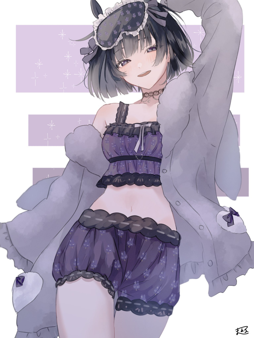 1girl :d arm_above_head arm_at_side black_eyes black_hair cowboy_shot cropped_shirt dot_nose eye_mask frilled_shirt frilled_shorts frills fur-trimmed_jacket fur_trim grey_jacket head_tilt highres jacket legs_together long_bangs long_sleeves looking_at_viewer maru_ru2020 midriff navel nijisanji open_clothes open_jacket open_mouth purple_shirt purple_shorts shirt short_hair shorts sidelocks signature simple_background sleep_mask sleeveless sleeveless_shirt smile solo teeth thigh_gap tsukino_mito upper_teeth_only virtual_youtuber white_background