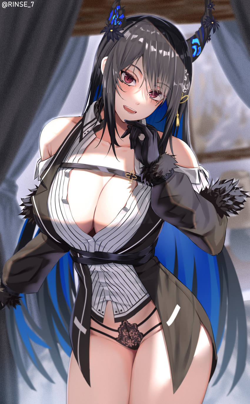 1girl absurdres adapted_costume asymmetrical_horns bare_shoulders black_hair black_panties blue_hair blush breasts colored_inner_hair demon_horns hair_ornament head_tilt highres hololive hololive_english horns lace lace_panties large_breasts long_hair looking_at_viewer mole mole_under_eye multicolored_hair nerissa_ravencroft nerissa_ravencroft_(1st_costume) panties partially_unbuttoned red_eyes rinse_7 smile solo two-tone_hair underwear uneven_horns very_long_hair virtual_youtuber