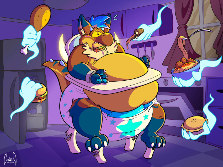 anthro appliance brown_body brown_fur disembodied_hand force_feeding forced fur ghost_hands head_tuft infantilism inner_ear_fluff kitchen kitchen_appliance male night overweight overweight_male restrained solo soul-silver-dragon star tied_to_chair toony_expression toony_eyes tuft weight_gain white_chest_tuft white_inner_ear_fluff white_tuft window window_curtains worried_look yellow_eyes