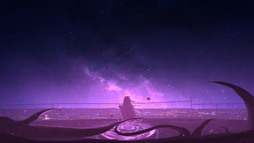 1girl black_hair chain-link_fence city_lights cloud facing_ahead fence from_behind halo highres hololive hololive_english horizon legs_together long_hair magic_circle night night_sky ninomae_ina'nis outdoors rune_xiao shooting_star sky solo sparkle star_(sky) starry_sky straight_hair tentacles very_long_hair virtual_youtuber
