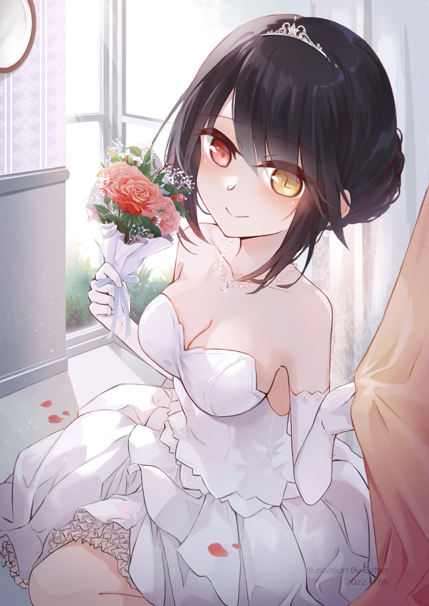 1girl bare_shoulders black_hair blush bouquet breasts cleavage clock clock_eyes date_a_live dated dress esther_0418 flower gloves hair_ornament heterochromia highres holding holding_bouquet looking_at_viewer medium_breasts photoshop_(medium) red_eyes rose short_hair smile solo symbol-shaped_pupils tiara tokisaki_kurumi wedding_dress white_dress yellow_eyes