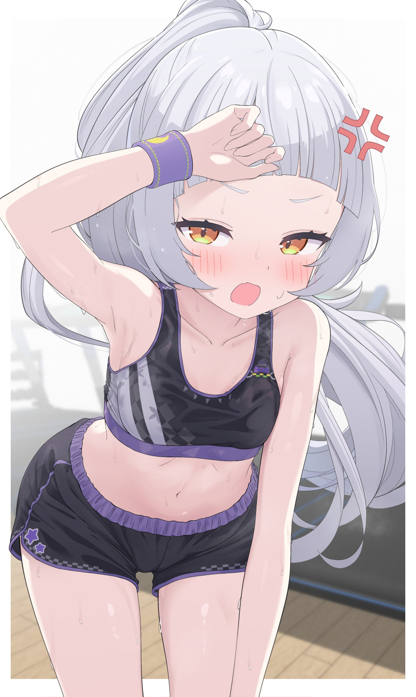 1girl absurdres anger_vein angry armpits blush collarbone dolphin_shorts grey_hair highres hololive long_hair midriff murasaki_shion navel open_mouth ponytail shorts solo sports_bra sweat sweaty_clothes virtual_youtuber wqooon wristband yellow_eyes