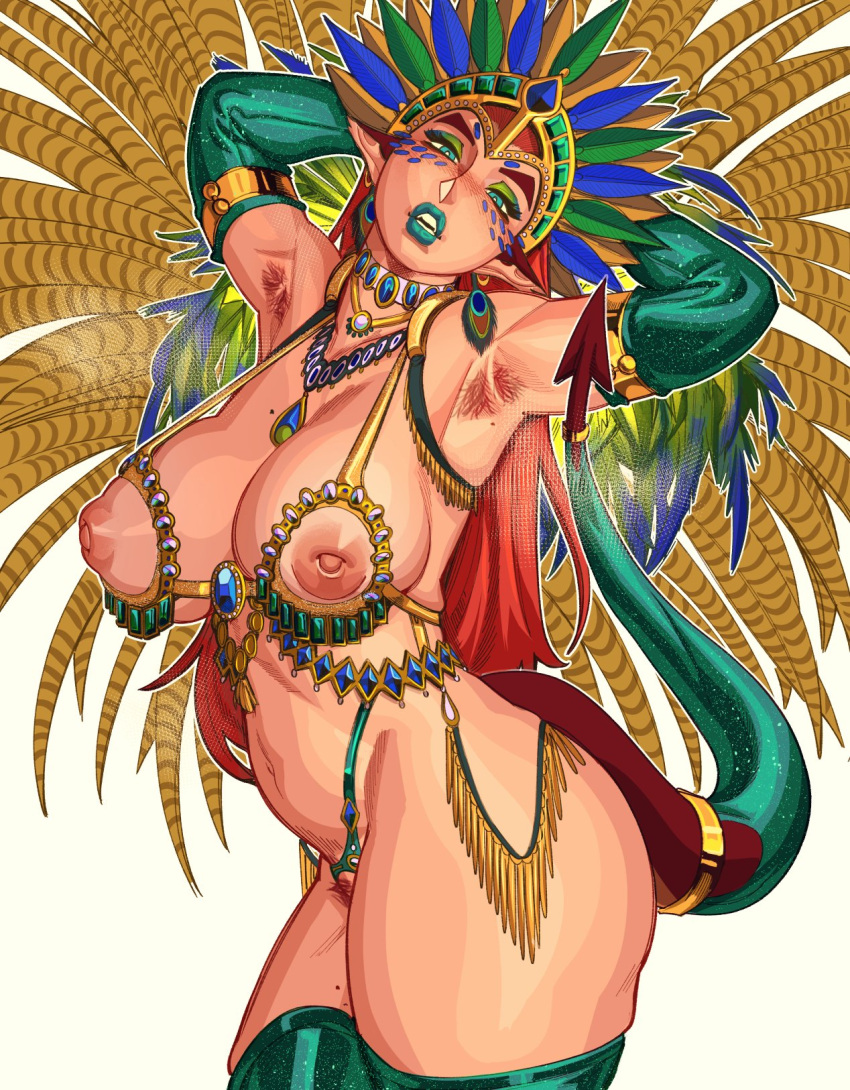1girl armlet armpit_hair armpits arms_behind_head arms_up ass blue_eyes blue_feathers bra breasts carnaval_do_brasil carnival crotchless crotchless_panties cupless_bra curvy elbow_gloves eyeshadow feathers forked_tail gloves gold_armlet green_bra green_eyeshadow green_feathers green_gloves green_lips green_panties green_thighhighs headdress highres huge_ass inverted_nipples jewelry large_areolae large_breasts long_hair looking_at_viewer makeup nastacic natalie_(nastacic) navel necklace original panties pointy_ears posing pubic_hair red_hair simple_background solo tail tail_ornament tail_ring teeth thick_lips thighhighs thighs underwear white_background yellow_feathers