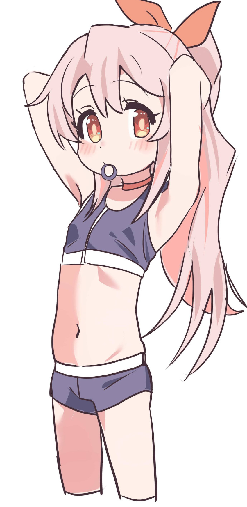 1girl absurdres arms_behind_head arms_up bare_arms bikini brown_eyes choker commentary cowboy_shot cropped_legs hair_between_eyes hair_tie_in_mouth hands_in_hair highres kosuda light_blush long_hair looking_at_viewer mouth_hold navel onii-chan_wa_oshimai! oyama_mahiro pink_hair ponytail purple_bikini red_choker simple_background solo stomach swimsuit white_background