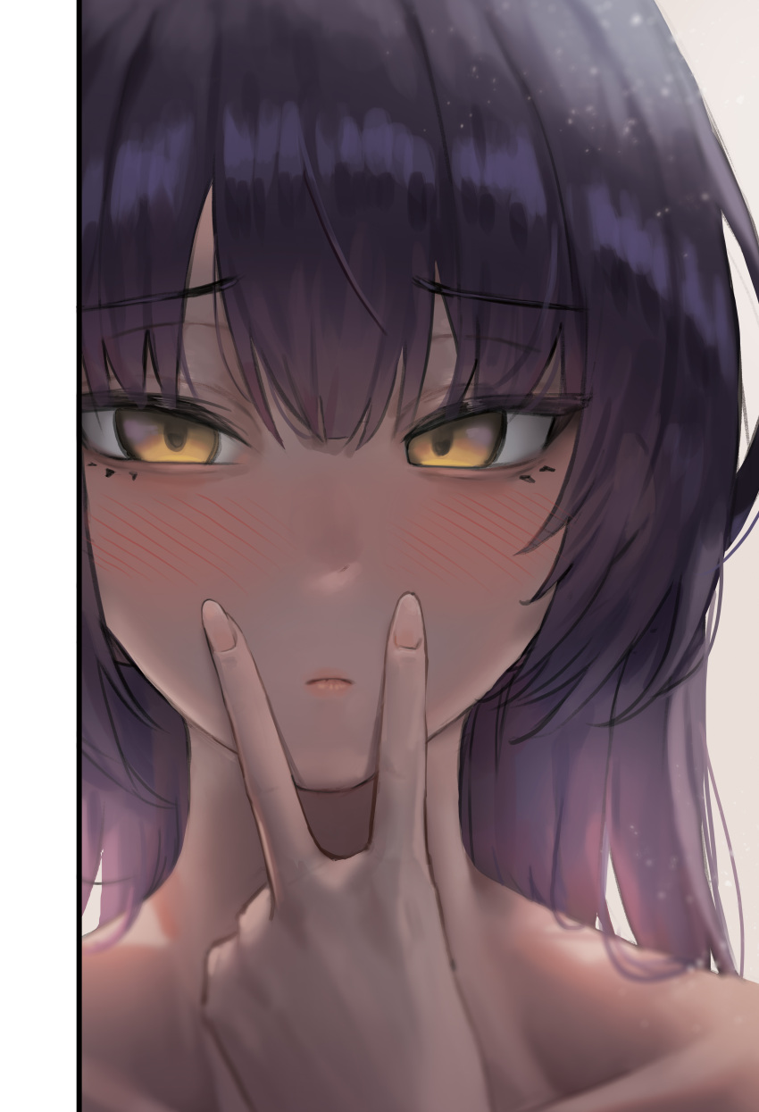 1girl absurdres black_hair blue_archive blush close-up closed_mouth dark-skinned_female dark_skin fingernails hair_between_eyes highres karin_(blue_archive) long_hair looking_at_viewer portrait profile solo uth_95 yellow_eyes