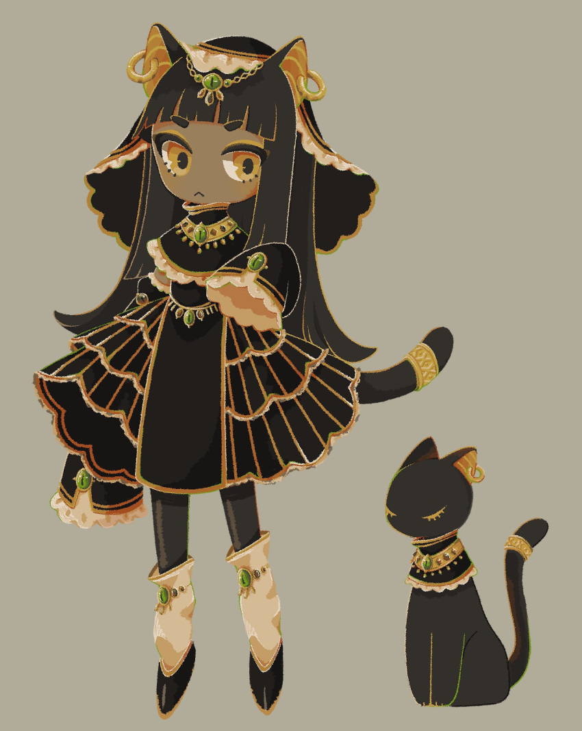 1girl :&lt; animal animal_ear_piercing animal_ears arm_at_side bastet_(mythology) black_capelet black_cat black_dress black_footwear black_hair black_pantyhose black_veil blunt_bangs capelet cat cat_ears cat_girl cat_tail closed_mouth clothed_animal commentary_request dark-skinned_female dark_skin dress egyptian_mythology full_body gem grey_background hand_up headpiece highres hime_cut jewelry long_hair long_sleeves looking_at_viewer loose_socks original pantyhose piyoko9494 shoes short_eyebrows simple_background sleeves_past_fingers sleeves_past_wrists socks solo standing tail tail_ornament tail_ring veil white_socks wide_sleeves yellow_eyes