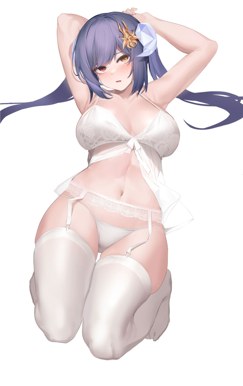 1girl absurdres armpits arms_behind_head arms_up babydoll bare_arms bare_shoulders blue_hair breasts cleavage commission garter_belt hair_ornament heterochromia highres horns large_breasts lingerie long_hair looking_at_viewer navel nine_(kanine41) no_shoes original panties parted_lips red_eyes ruthenium77's_character second-party_source see-through solo spaghetti_strap stomach strap_gap string_panties thighhighs thighs twintails underwear underwear_only white_babydoll white_panties white_thighhighs yellow_eyes