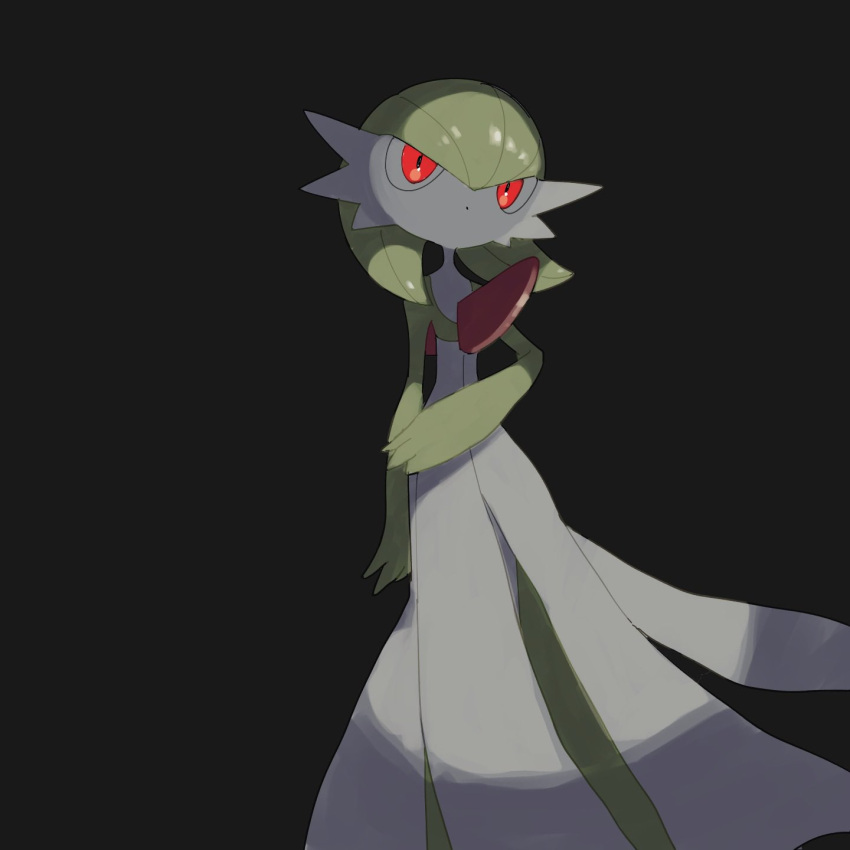 black_background bob_cut colored_skin dress gardevoir glowing glowing_eyes green_hair highres multicolored_skin parted_lips pokemon pokemon_(creature) red_eyes simple_background two-tone_skin v_(govvvvw) white_dress white_skin