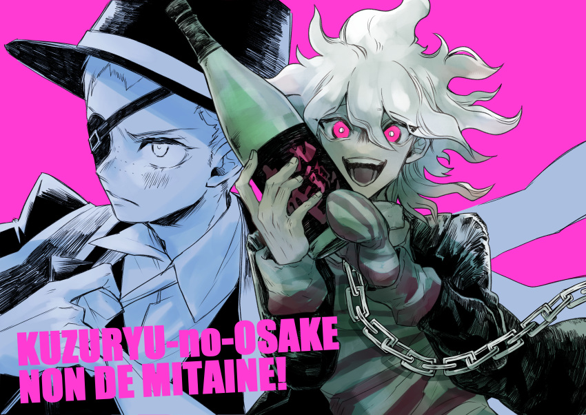 2boys :d absurdres alcohol bangs black_jacket bottle chain collared_shirt danganronpa_(series) danganronpa_another_episode:_ultra_despair_girls eyepatch freckles gagu_(ulcer_gag) grey_hair hat highres holding holding_bottle jacket komaeda_nagito kuzuryuu_fuyuhiko male_focus medium_hair messy_hair mittens multiple_boys open_clothes open_jacket open_mouth pink_background pink_eyes servant_(danganronpa) shirt short_hair smile striped striped_shirt teeth tongue