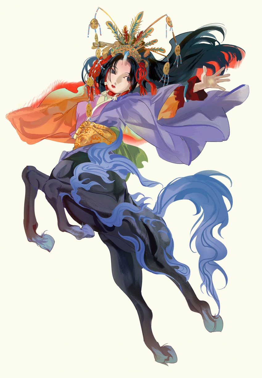 1girl androgynous black_eyes black_hair blue_horns blue_tail cape centaur character_request chin_strap chinese_clothes chinese_opera closed_mouth daxing_jia_quan feathers floating_hair hanfu hashtag_only_commentary hat_feather head_tilt headgear highres horns jumping juuni_kokuki kirin_(juuni_kokuki) layered_clothes lipstick long_hair long_sleeves looking_at_viewer makeup monster_girl multicolored_clothes multicolored_hair outstretched_arm outstretched_arms parted_bangs red_lips sash simple_background single_horn solo spread_arms tail tassel taur very_long_hair white_background wide_sleeves