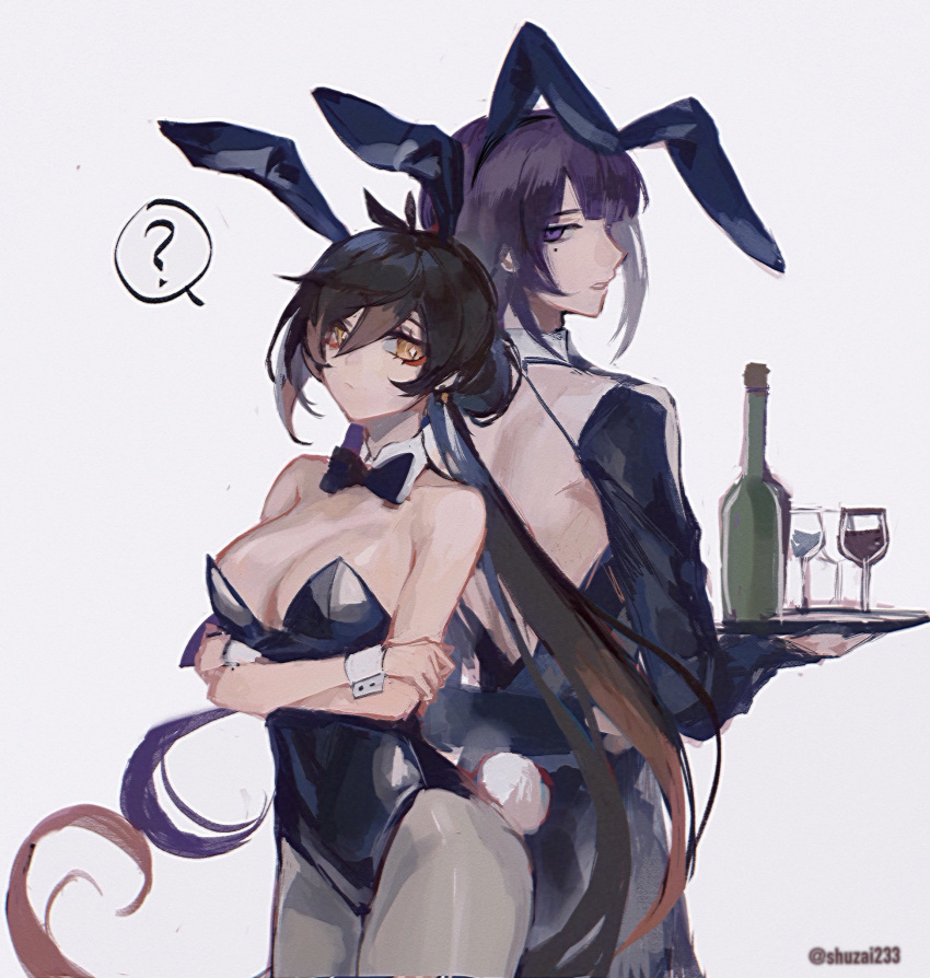 1boy 1girl ? animal_ears bare_back bare_shoulders behind_another blunt_bangs bottle bow bowtie breasts brown_eyes brown_hair cleavage closed_mouth corrupted_twitter_file crossed_arms cup detached_collar drinking_glass fake_animal_ears fake_tail genderswap genshin_impact hair_between_eyes hair_up highres holding holding_tray long_hair long_sleeves looking_at_viewer looking_back male_playboy_bunny mole mole_under_eye pantyhose playboy_bunny purple_background purple_eyes purple_hair raiden_shogun shuzai233 simple_background standing tail tray wine_bottle wine_glass wrist_cuffs zhongli_(genshin_impact)