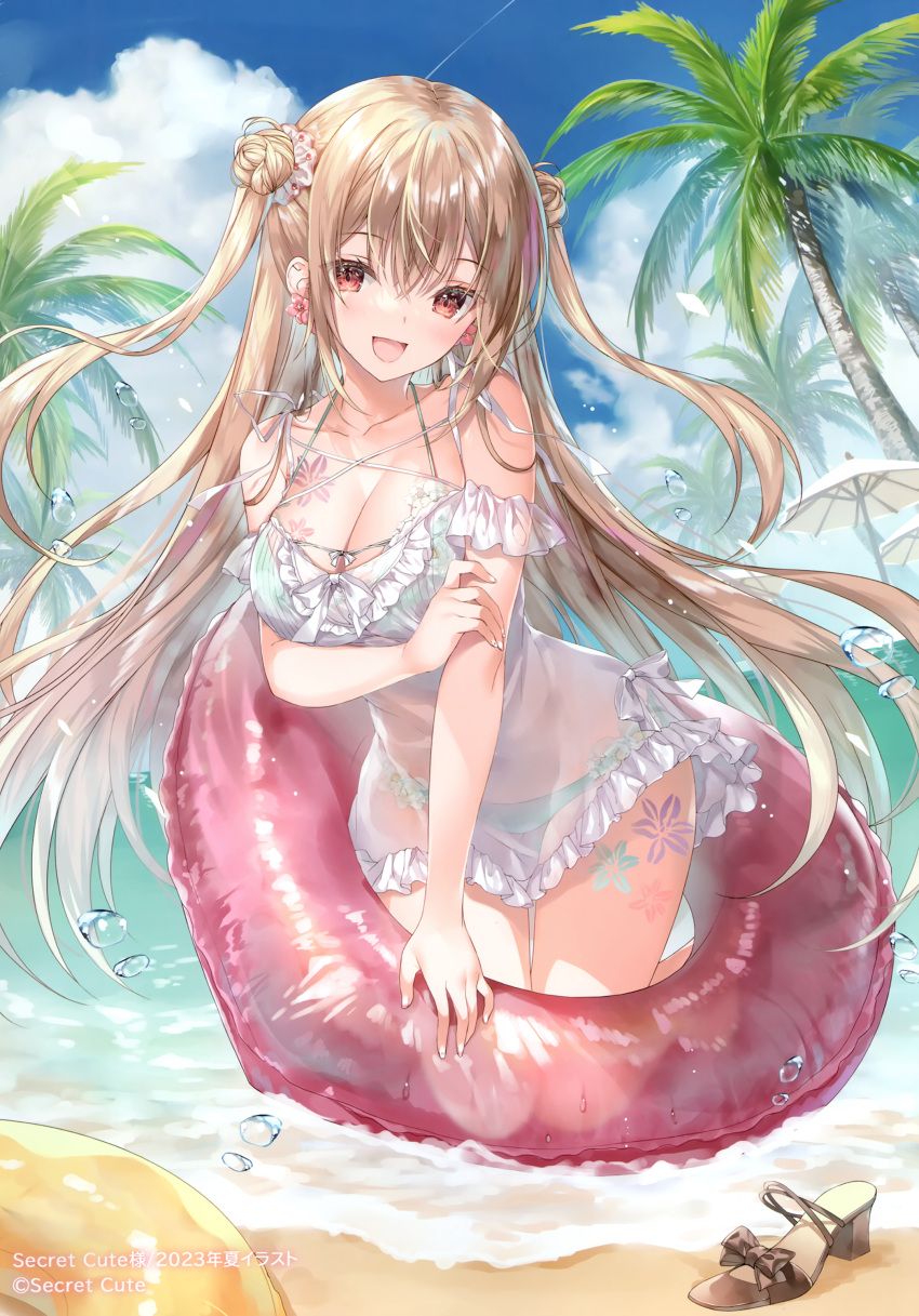 1girl absurdres bare_shoulders beach_umbrella bikini bikini_under_clothes blue_sky blush breasts brown_eyes cleavage cloud cloudy_sky collarbone double_bun dress frilled_dress frills full_body hair_bun hair_ornament highres innertube kneeling light_brown_hair looking_at_viewer medium_breasts miwabe_sakura ocean open_mouth original palm_leaf palm_tree scan see-through shoes shore short_dress sky sleeveless sleeveless_dress smile solo swim_ring swimsuit thighs tree twintails umbrella unworn_shoes water water_drop wet