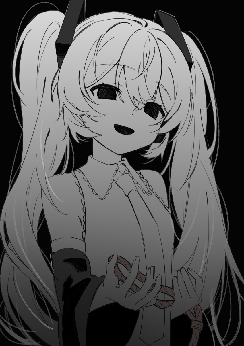 1girl :d absurdres bare_shoulders collared_shirt detached_sleeves dot_nose frilled_shirt frills greyscale hair_between_eyes hair_ornament hatsune_miku highres holding holding_rope long_hair long_sleeves looking_at_viewer monochrome necktie noose open_mouth rope shirt sidelocks sleeveless sleeveless_shirt smile solid_circle_eyes solo twintails upper_body vocaloid yukia_1128