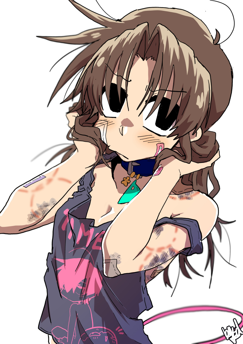1girl absurdres bandaid bandaid_on_cheek bandaid_on_face bare_shoulders black_eyes blue_collar blue_shirt blurry blurry_foreground breasts brown_hair bruise bruise_on_arm bruise_on_shuolder cleavage closed_mouth collar ed-chan_(edkuroki) edkuroki gauze_on_arm gauze_on_cheek hair_intakes hickey highres holding_own_hair injury light_blush long_hair looking_to_the_side messy_hair original pink_tail print_shirt shirt signature simple_background sleeveless sleeveless_shirt small_breasts solo white_background