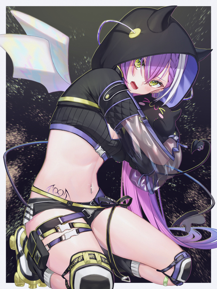 1girl absurdres bandeau bibi_(tokoyami_towa) black_bandeau black_shorts black_shrug black_tube_top breasts demon_tail demon_wings gloves green_eyes highres hip_tattoo hololive hooded_shrug long_hair looking_at_viewer multicolored_hair navel navel_piercing piercing pink_hair purple_hair roller_skates runlan_0329 see-through see-through_sleeves shorts skates solo strapless streaked_hair tail tokoyami_towa tokoyami_towa_(5th_costume) tube_top virtual_youtuber white_gloves winged_heart_tattoo wings