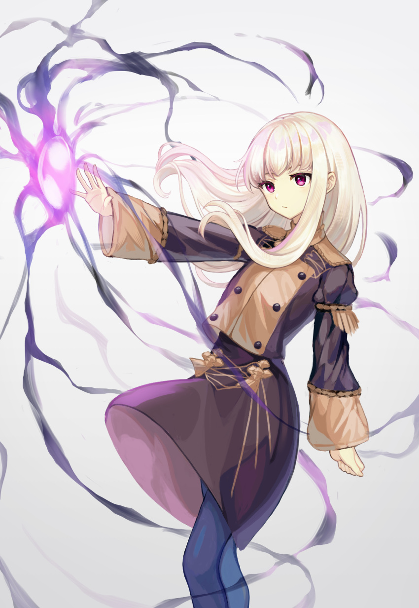 1girl black_pantyhose buttons closed_mouth commentary_request fire_emblem fire_emblem:_three_houses floating_hair garreg_mach_monastery_uniform highres long_hair long_sleeves looking_at_viewer lysithea_von_ordelia magic pantyhose purple_eyes simple_background snowsakurachan solo uniform white_background white_hair