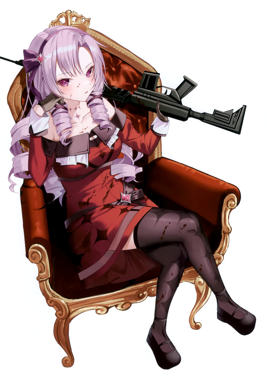 1girl absurdres armchair assault_rifle bare_shoulders black_footwear black_gloves black_thighhighs blood blood_on_face breasts chair collarbone crossed_legs dress drill_hair drill_sidelocks full_body gloves gun hair_ribbon hairband highres holding holding_gun holding_weapon hyakumantenbara_salome hyakumantenbara_salome_(1st_costume) ia_1928 long_hair long_sleeves looking_at_viewer mary_janes nijisanji non-web_source off-shoulder_dress off_shoulder on_chair parted_bangs purple_eyes purple_hair red_dress ribbon rifle shoes sidelocks simple_background sitting solo thighhighs throne virtual_youtuber weapon white_background