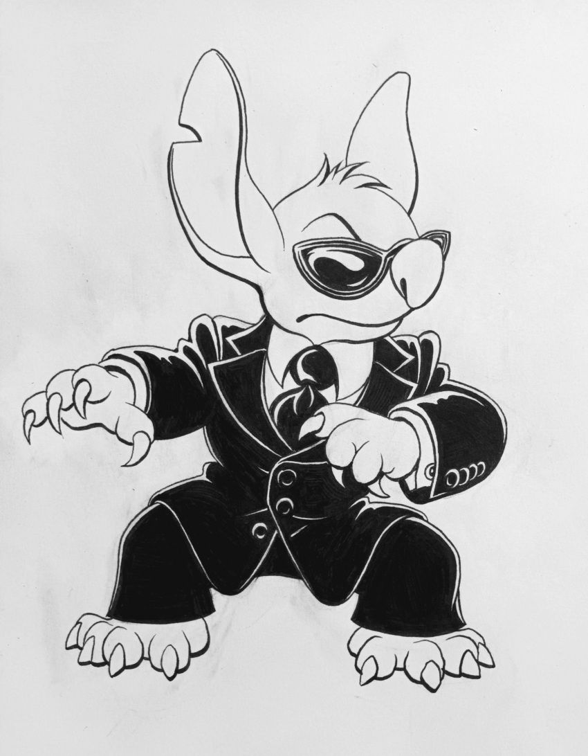 2024 4_fingers 4_toes alien anthro barefoot biped black_and_white claws clothed clothing disney experiment_(lilo_and_stitch) eyewear feet finger_claws fingers frown fur head_tuft hi_res lilo_and_stitch looking_away male monochrome necktie notched_ear raynal_jacquemin secret_agent simple_background solo standing stitch_(lilo_and_stitch) suit sunglasses toe_claws toes traditional_media_(artwork) tuft white_background