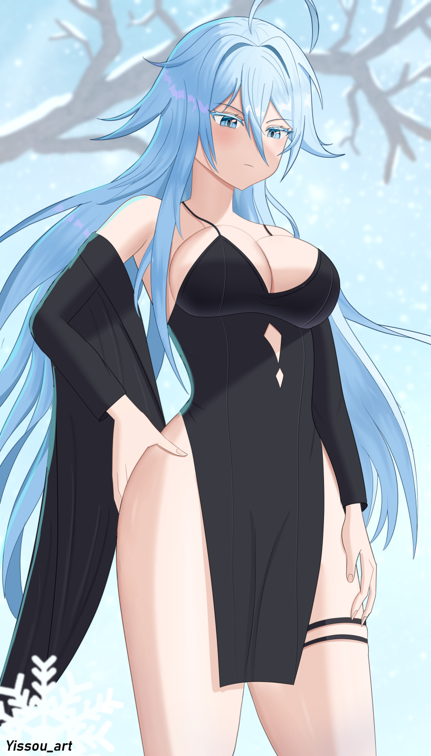 1girl absurdres artist_name azur_lane bare_shoulders black_dress blue_eyes blue_hair breasts cleavage cowboy_shot dress from_below highres large_breasts long_sleeves pelvic_curtain simple_background snow snowing solo sovetsky_soyuz_(azur_lane) thick_thighs thighs tree yissou_art