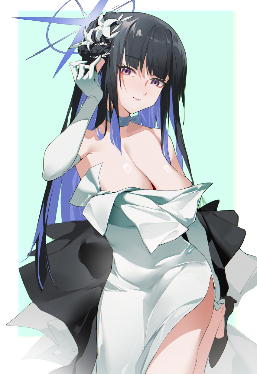 1girl absurdres black_footwear black_hair blue_archive blue_hair blue_halo breasts choker cleavage closed_mouth colored_inner_hair commentary_request dress elbow_gloves gloves halo high_heels highres katachi_noboru_nishikino large_breasts long_hair looking_at_viewer multicolored_hair purple_eyes saori_(blue_archive) saori_(dress)_(blue_archive) solo strapless strapless_dress white_choker white_dress white_gloves