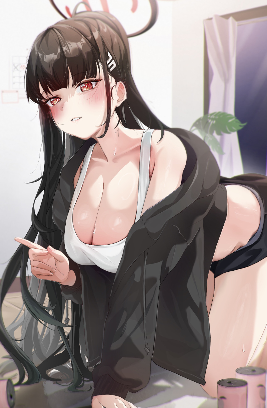 1girl absurdres all_fours black_footwear black_hair black_jacket blue_archive blush breasts can cleavage collarbone crop_top halo highres indoors jacket jacket_partially_removed large_breasts leaning_forward long_hair red_eyes rio_(blue_archive) smile solo tank_top toge0toge0 very_long_hair white_tank_top