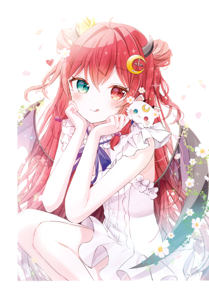 1girl :q absurdres ahoge blush closed_mouth crescent crescent_hair_ornament crown demon_girl demon_horns demon_wings double_bun dress flower frilled_dress frills green_eyes hair_between_eyes hair_bun hair_flower hair_ornament heart heterochromia highres horns long_hair looking_at_viewer mini_crown nanoda_ham nijisanji non-web_source petals red_eyes red_hair ribbon sleeveless sleeveless_dress smile solo squatting tongue tongue_out two_side_up very_long_hair virtual_youtuber white_background white_dress white_flower wings yuzuki_roa
