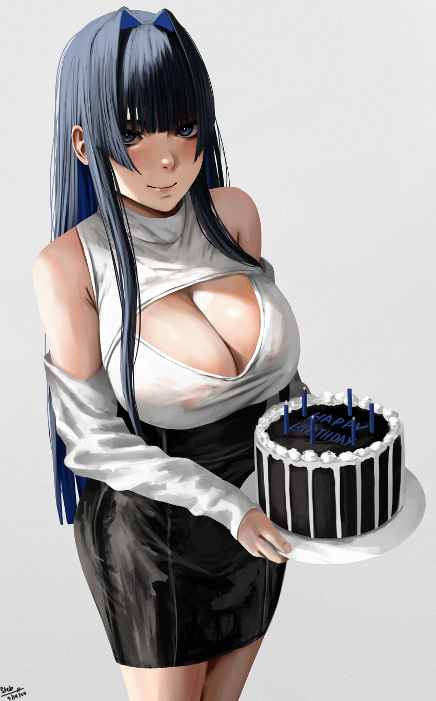 1girl alternate_costume bare_shoulders birthday_cake black_hair black_skirt blue_eyes blue_hair breasts cake candle cleavage cleavage_cutout closed_mouth clothing_cutout colored_inner_hair commentary cowboy_shot dated english_commentary food grey_background hair_intakes happy_birthday high-waist_skirt highres holding holding_plate hololive hololive_english large_breasts light_blush long_hair long_sleeves looking_at_viewer multicolored_hair ouro_kronii plate shirt shoulder_cutout signature simple_background skirt sleeves_past_wrists smile solo standing steb turtleneck_shirt two-tone_hair very_long_hair virtual_youtuber white_shirt