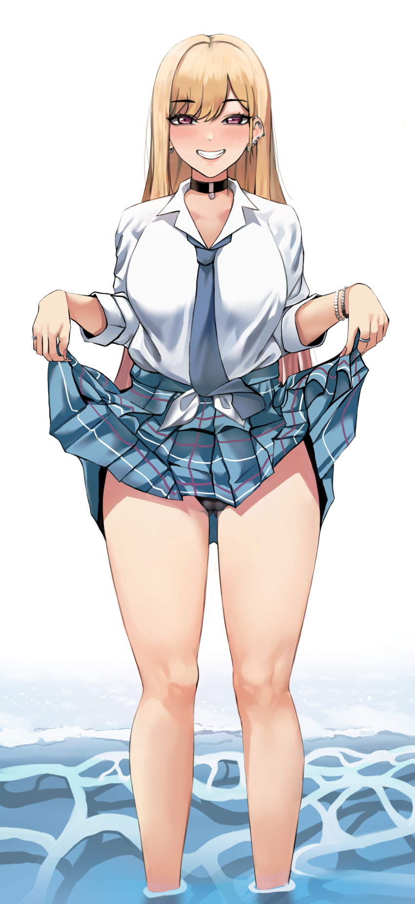 1girl absurdres ass_visible_through_thighs bead_bracelet beads bellone black_choker black_panties blonde_hair blue_cat blue_skirt blush bracelet breasts choker clenched_teeth earrings half-closed_eyes highres jewelry kitagawa_marin large_breasts lifted_by_self long_hair looking_at_viewer miniskirt multiple_earrings nail_polish panties panty_peek pink_eyes pink_nails pleated_skirt ring school shirt skirt smile solo sono_bisque_doll_wa_koi_wo_suru stud_earrings teeth thighs tied_shirt underwear very_long_hair wading water white_background white_shirt