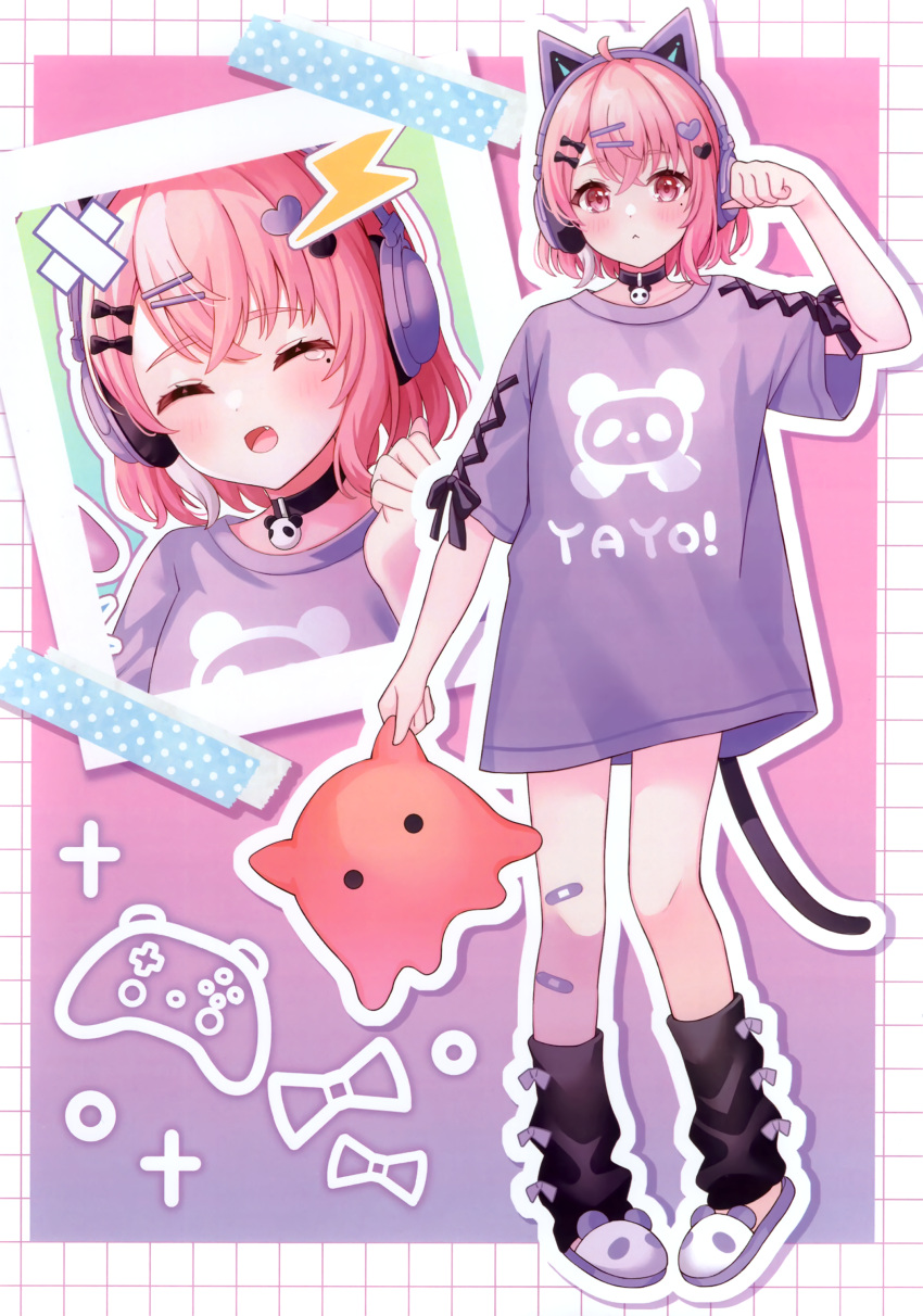 1girl absurdres animal_ear_headphones animal_ears animal_slippers bandaid bandaid_on_leg bell black_choker blush cat_ear_headphones cat_ears cat_tail choker closed_eyes controller cursor fake_animal_ears full_body game_controller hair_ornament hairclip headphones heart highres holding lightning_bolt_symbol looking_at_viewer mole mole_under_eye multicolored_hair multiple_views nijisanji non-web_source open_mouth outline paw_pose pink_background pink_eyes pink_hair ponigiri12 purple_shirt sasaki_saku shirt short_hair short_sleeves slippers standing tail utaite virtual_youtuber white_outline