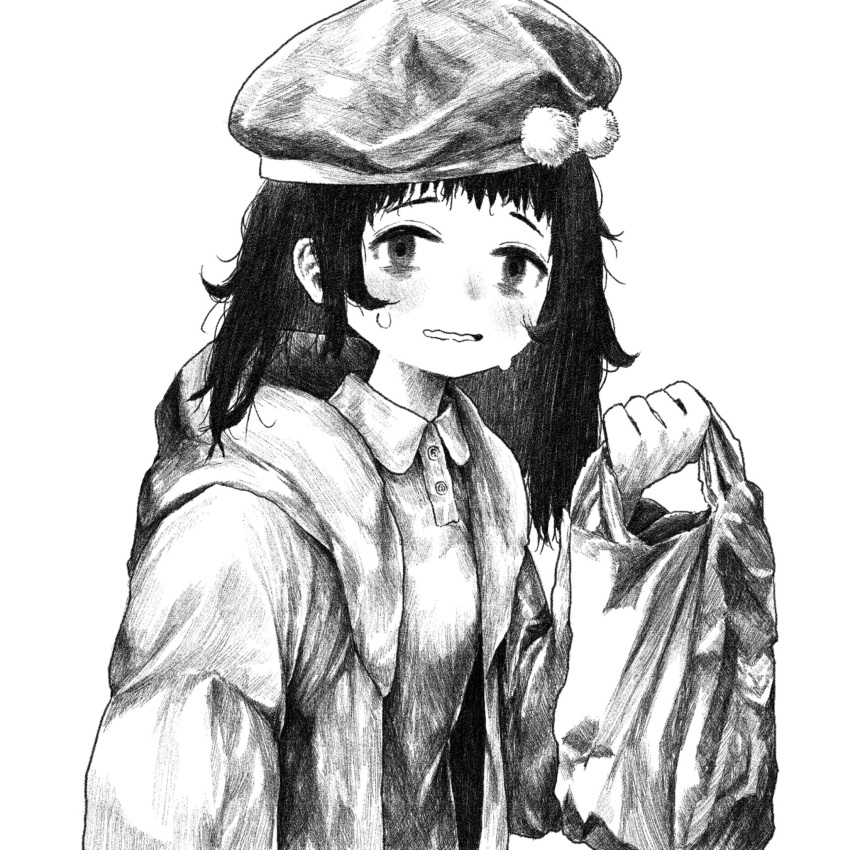 1girl alternate_hair_length alternate_hairstyle arm_at_side bag bags_under_eyes beret blush buttons collared_shirt empty_eyes from_side greyscale grocery_bag hand_up hat highres holding holding_bag jacket kilsturgeon long_hair looking_at_viewer messy_hair milk-chan_(milk_series) milk_inside_a_bag_of_milk_inside_a_bag_of_milk monochrome nervous nervous_smile nervous_sweating nose_blush open_clothes open_jacket open_mouth plastic_bag raised_eyebrows shirt shopping_bag simple_background smile solo sweat upper_body wavy_hair white_background