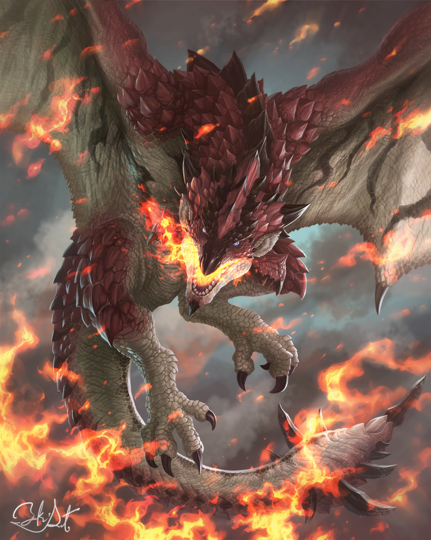 breath_weapon breathing_fire chin_spike cloud cloudy_sky colored_sclera dragon fire flying highres horns looking_at_viewer monster monster_focus monster_hunter_(series) open_mouth pointy_ears rathalos red_scales satoyuki sharp_teeth signature sky slit_pupils solo spiked_tail spread_wings tail talons teeth wings wyvern yellow_eyes