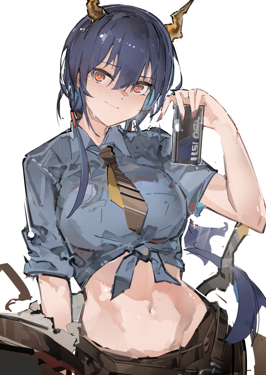 1girl absurdres arknights blue_shirt blue_sky breasts brown_pants ch'en_(after_storm)_(arknights) ch'en_(arknights) cowboy_shot crop_top dot_nose dragon_horns highres holding horns jumbowhopper long_hair looking_at_viewer low_twintails medium_breasts midriff navel necktie official_alternate_costume pants red_eyes shirt short_necktie simple_background sky smirk solo tied_shirt twintails white_background