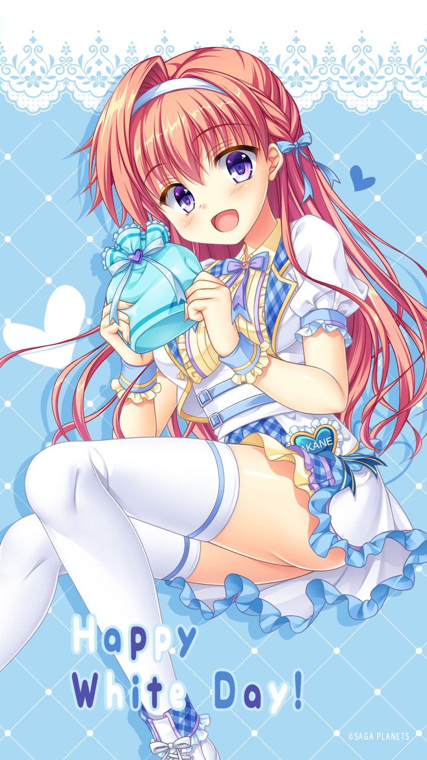 1girl :d alternate_costume arisue_tsukasa blue_background blue_bow blue_wrist_cuffs blush bow character_name company_name drop_shadow eyes_visible_through_hair feet_out_of_frame floating_hair frilled_skirt frilled_wrist_cuffs frills gift hair_between_eyes hair_bow hairband hands_up happy happy_white_day heart heart-shaped_ornament highres holding holding_gift kin-iro_loveriche knees_together_feet_apart kuryuu_akane long_hair looking_at_viewer miniskirt official_art official_wallpaper open_mouth orange_hair puffy_short_sleeves puffy_sleeves purple_bow purple_eyes shiny_skin shirt short_sleeves simple_background single_hair_intake skirt smile solo thighhighs very_long_hair white_day white_hairband white_shirt white_skirt white_thighhighs wrist_cuffs zettai_ryouiki