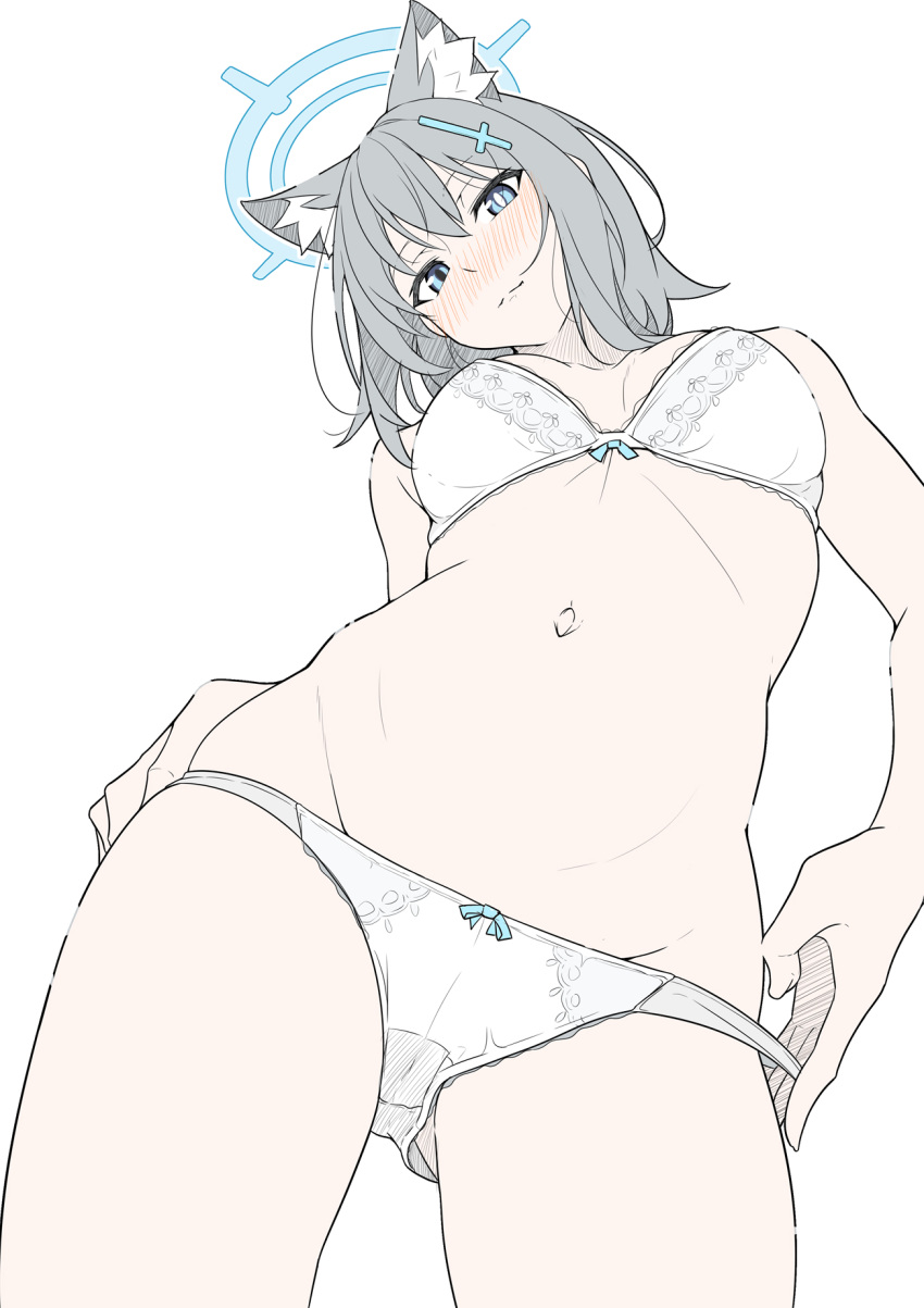 1girl animal_ear_fluff animal_ears blue_archive blue_eyes blush bow bow_bra bow_panties bra breasts closed_mouth commentary cowboy_shot cross_hair_ornament from_below grey_hair hair_ornament halo highres looking_at_viewer looking_down masabodo medium_breasts mismatched_pupils navel panties panty_pull pulled_by_self shiroko_(blue_archive) simple_background solo stomach symbol-only_commentary underwear underwear_only white_background white_bra white_panties wolf_ears