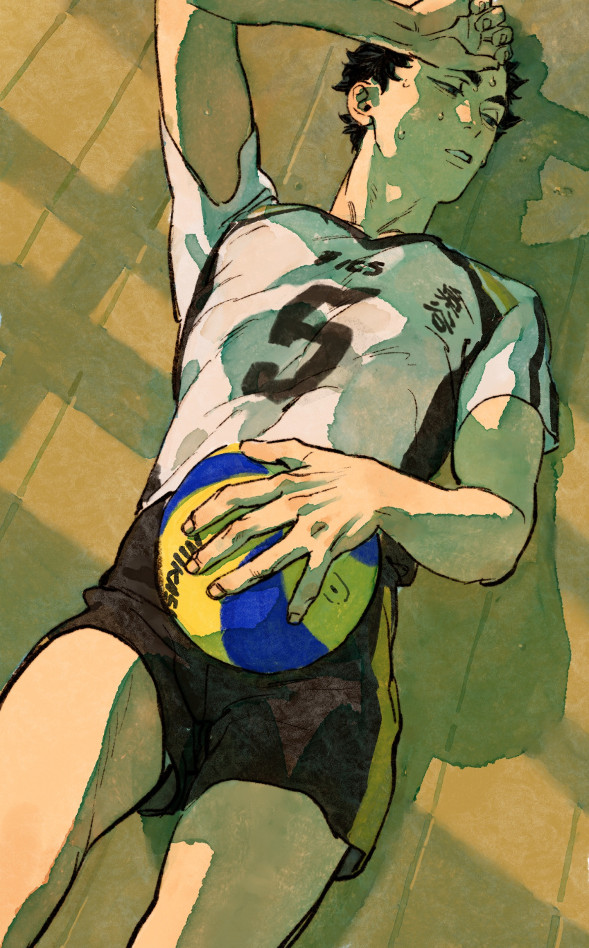 1boy akaashi_keiji arm_up ball black_hair black_shorts brown_background chengongzi123 green_eyes haikyuu!! hand_on_own_head highres holding holding_ball looking_to_the_side lying male_focus on_back parted_lips shadow shirt short_hair short_sleeves shorts sportswear t-shirt very_short_hair volleyball volleyball_uniform white_shirt