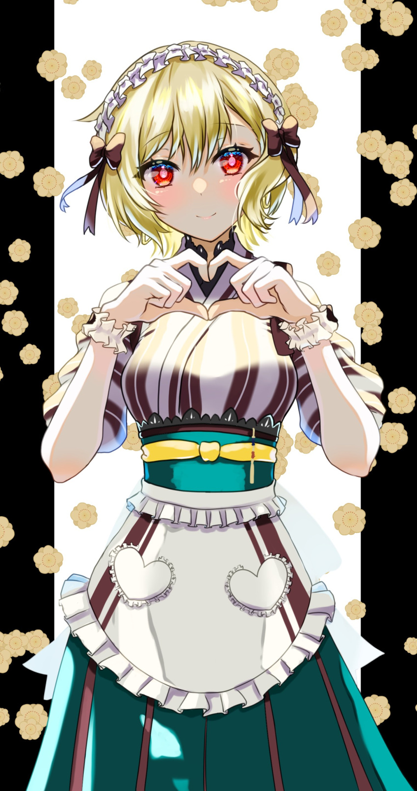 1girl absurdres alternate_costume blonde_hair breasts citrinne_(fire_emblem) fire_emblem fire_emblem_engage frilled_bracelet frilled_hairband frills hairband heart highres japanese_clothes looking_at_viewer medium_breasts mu_tu_bu red_eyes solo striped_clothes vertical-striped_clothes