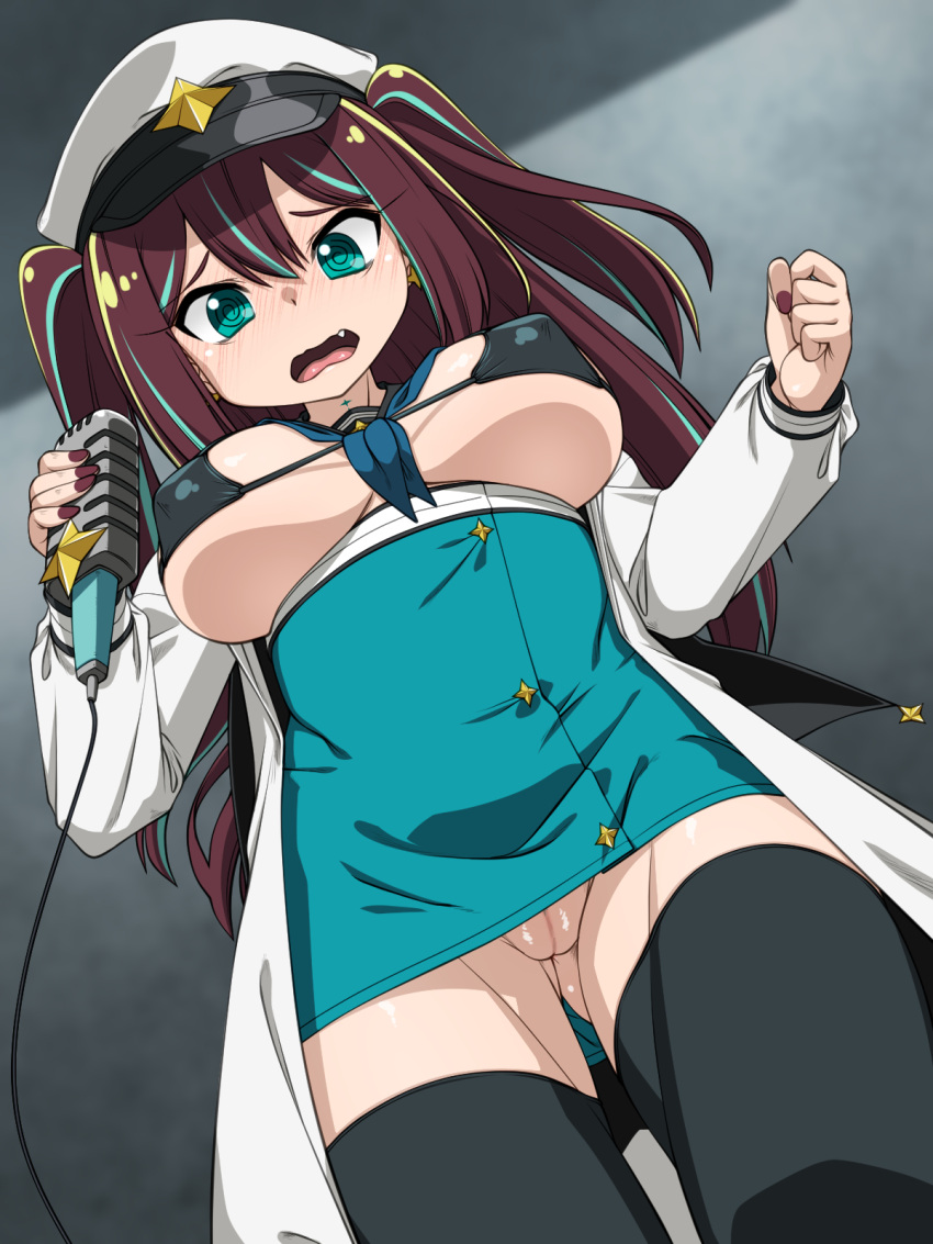 @_@ ass_visible_through_thighs bikini black_bikini black_thighhighs blush breasts brown_hair clenched_hand full-face_blush green_eyes hair_between_eyes high-waist_skirt highres holding holding_microphone jacket large_breasts loco_musica looking_at_viewer looking_down mahou_shoujo_ni_akogarete medium_hair microphone military multicolored_hair nail_polish nurugamer-kouyouju open_mouth pussy sailor_collar short_twintails skirt smile streaked_hair swimsuit thighhighs twintails underboob white_jacket