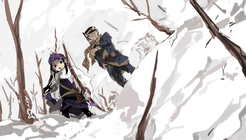 1boy 1girl apios asirpa bare_tree belt black_hair black_headwear black_leggings black_pants blue_eyes blue_jacket bow_(weapon) breath brown_shirt cloud commentary dated_commentary day dress dutch_angle earrings fur_(clothing) golden_kamuy grey_eyes gun gun_on_back half-closed_eyes hand_up hat headband highres holding holding_bow_(weapon) holding_weapon jacket jewelry leggings long_hair long_sleeves looking_to_the_side multicolored_clothes multicolored_scarf open_clothes open_jacket open_mouth outdoors pants parted_lips peaked_cap pouch purple_dress purple_headband scar scar_on_face scarf shirt short_hair sketch snow standing star_(symbol) striped striped_scarf sugimoto_saichi tree weapon weapon_on_back white_sky wide_sleeves winter_clothes