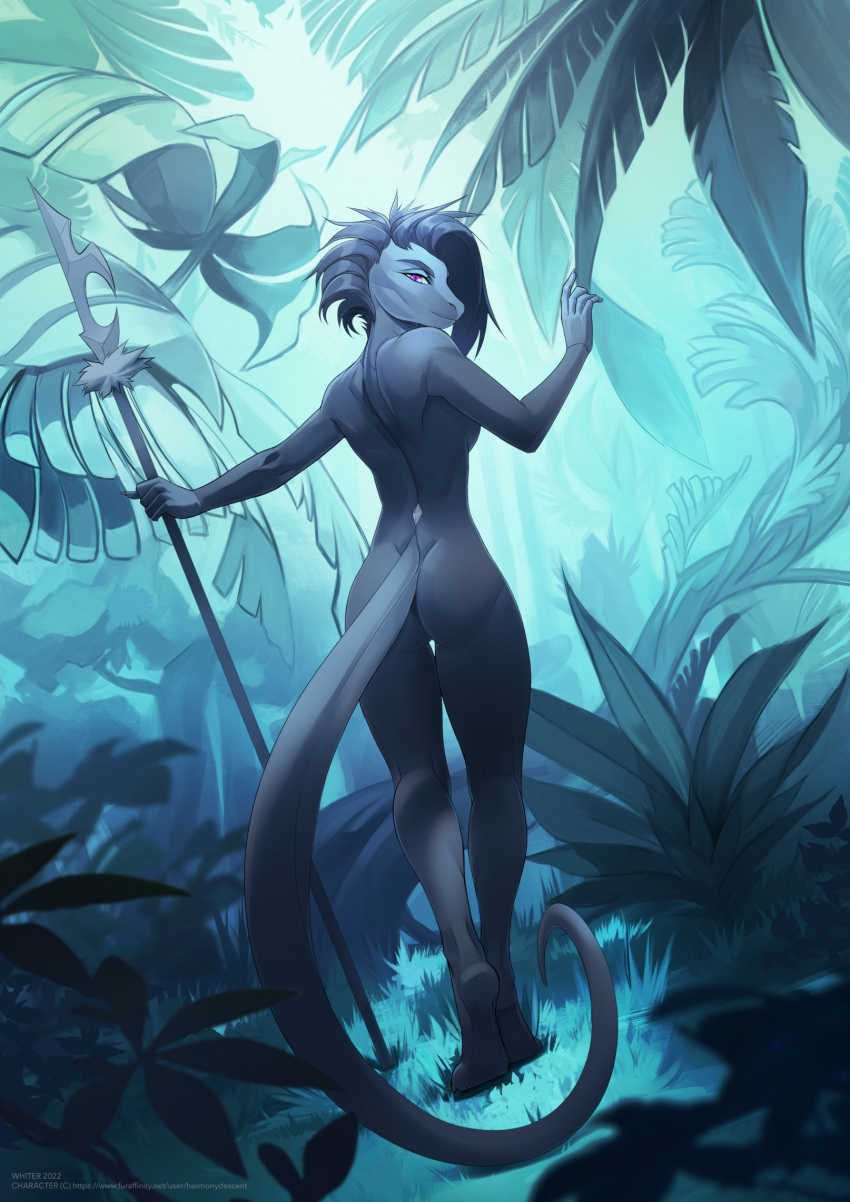 2023 anthro breasts day detailed_background digital_media_(artwork) eyebrows eyelashes female hi_res jungle lizard non-mammal_breasts nude outside purple-eyes reptile scalie solo unknowhiter