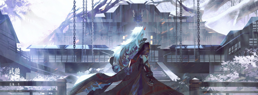 1boy absurdres arataki_itto arm_markings building city demon_horns from_behind genshin_impact gloves highres horns inazuma_city landscape li0n_(kongshushiwo) long_hair male_focus outdoors red_horns short_sleeves solo spiked_gloves straight_hair white_hair