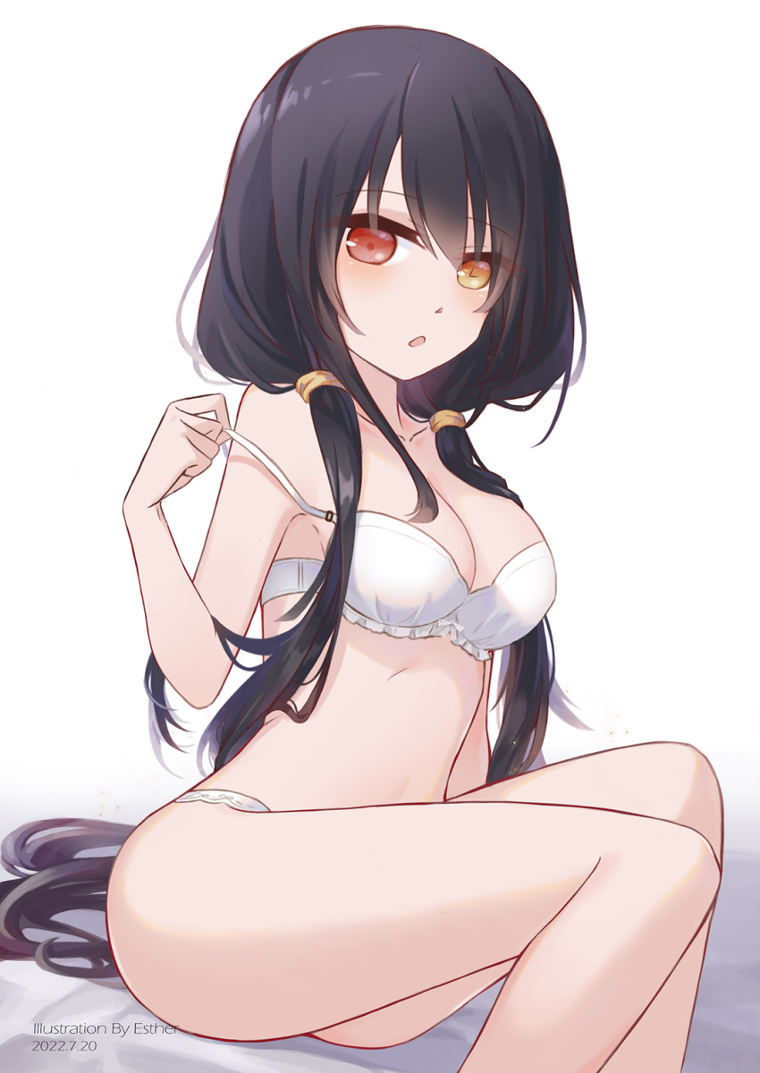 1girl black_hair blush bra breasts cleavage clock clock_eyes date_a_live dated esther_0418 garter_belt heterochromia highres long_hair looking_at_viewer low_twintails open_mouth panties photoshop_(medium) red_eyes roman_numeral sitting smile solo symbol-shaped_pupils tokisaki_kurumi twintails underwear underwear_only white_bra white_panties yellow_eyes