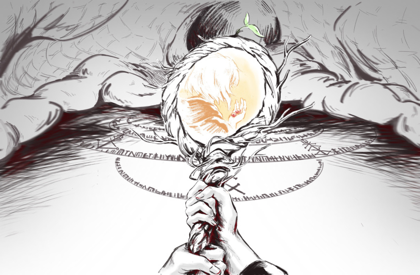 1girl ambrosia_(dungeon_meshi) banzhan059 berry dead_animal dragon dungeon_meshi falin_thorden fingernails highres holding holding_staff magic_circle marcille_donato monochrome out_of_frame portal_(object) pov pov_hands remembering roots short_hair spoilers spot_color sprout staff